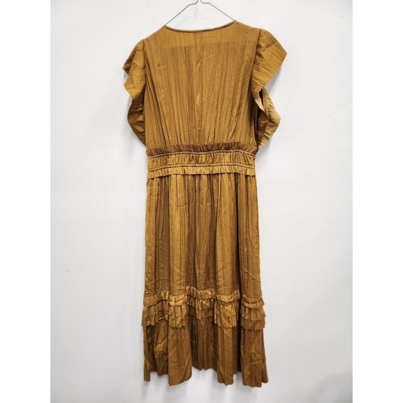 Roan + Ryan Womens Talulah BOHO Midi Dress Small Mustard Yellow Ruffled V-Neck - Picture 12 of 12